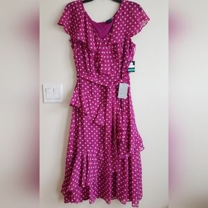 Gabby Skye Ruffle Amethyst White Polka-dot Belted Dress Size 16 NWT